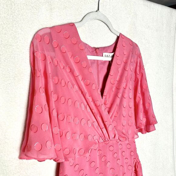 Saloni Jacquard Polka Dot Rose Ruffle Midi Dress Watermelon Pink Size 0 Silk New - Picture 3 of 12